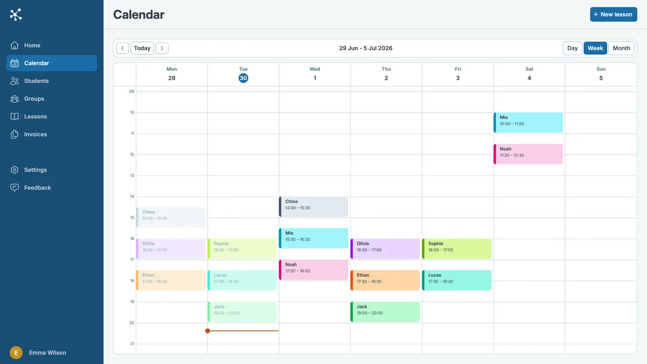 Lesson calendar screen in Skedum